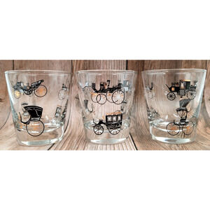 Libbey Carriage Cars Glasses Old Fashion LRS137 1960's Gold Trim Set of 3